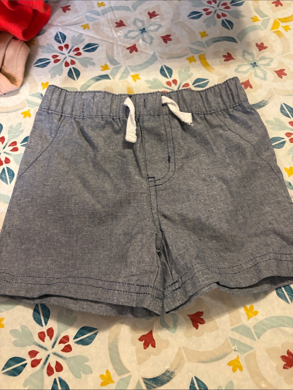 Quiltex Chambray Gray Elastic Waist Shorts with White Drawstring